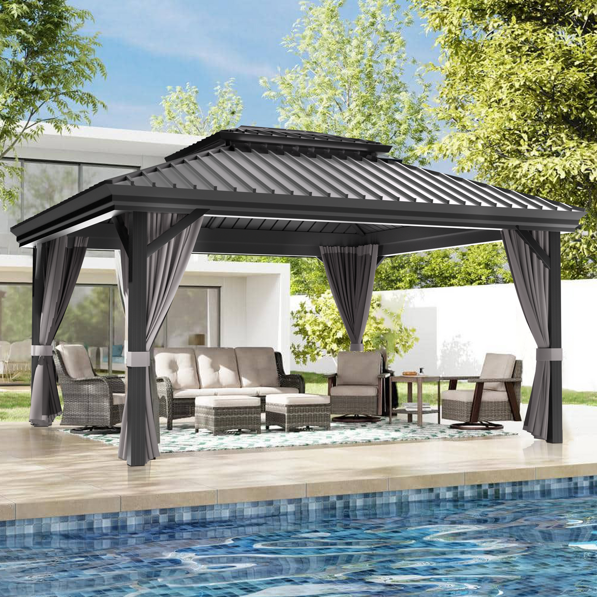 Patioslife Luxury Haven Pergola da Giardino in Alluminio con Tetto Doppio Ventilato, Colonne 120×120 mm, Grondaie e Tende – Ideale per Cortile e Giardino