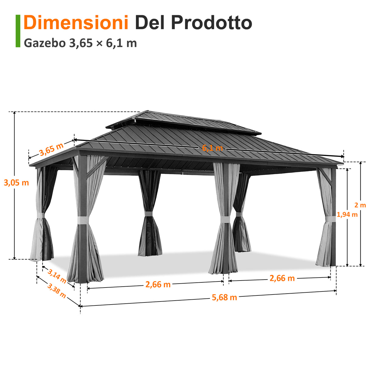 Patioslife Luxury Haven Pergola da Giardino in Alluminio con Tetto Doppio Ventilato, Colonne 120×120 mm, Grondaie e Tende – Ideale per Cortile e Giardino