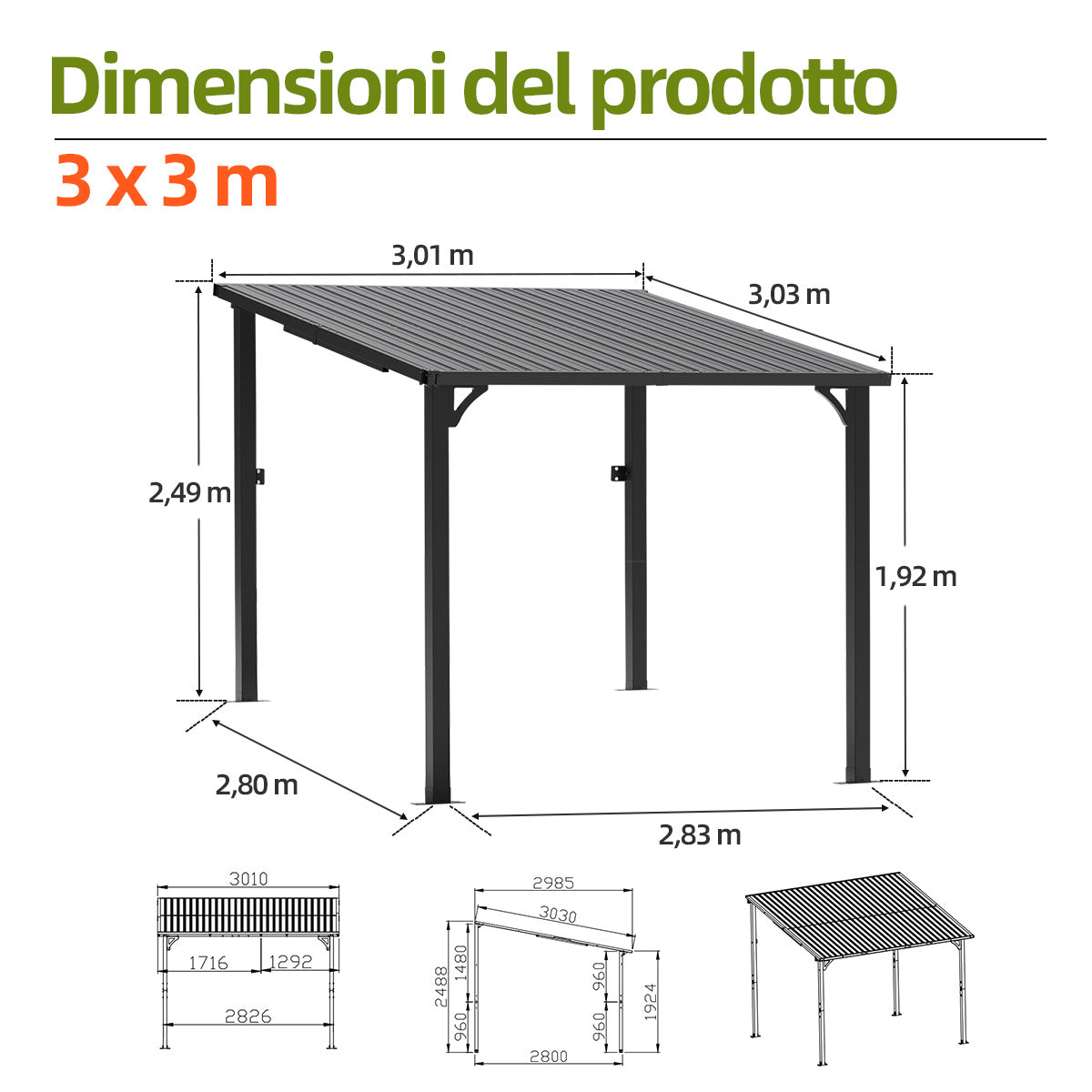 Patioslife Haven Gazebo da Giardino a Tetto Rigido Montato a Parete in Alluminio, Pergola Resistente per Giardino, Cortile o Terrazza, Tetto per Esterni