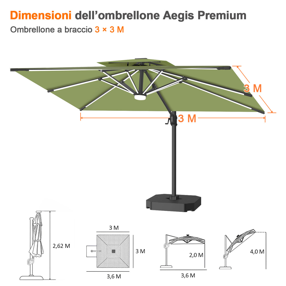 Patioslife Aegis premium – Ombrellone a braccio con luci LED su tutte le stecche, stecche in fibra di vetro e palo in alluminio verniciato