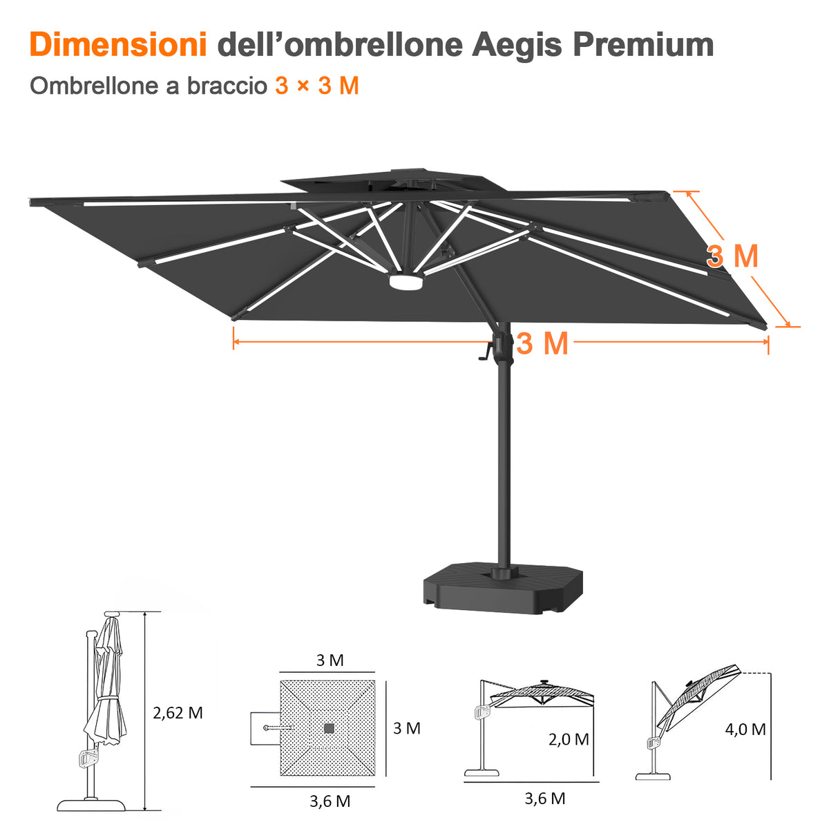 Patioslife Aegis premium – Ombrellone a braccio con luci LED su tutte le stecche, stecche in fibra di vetro e palo in alluminio verniciato