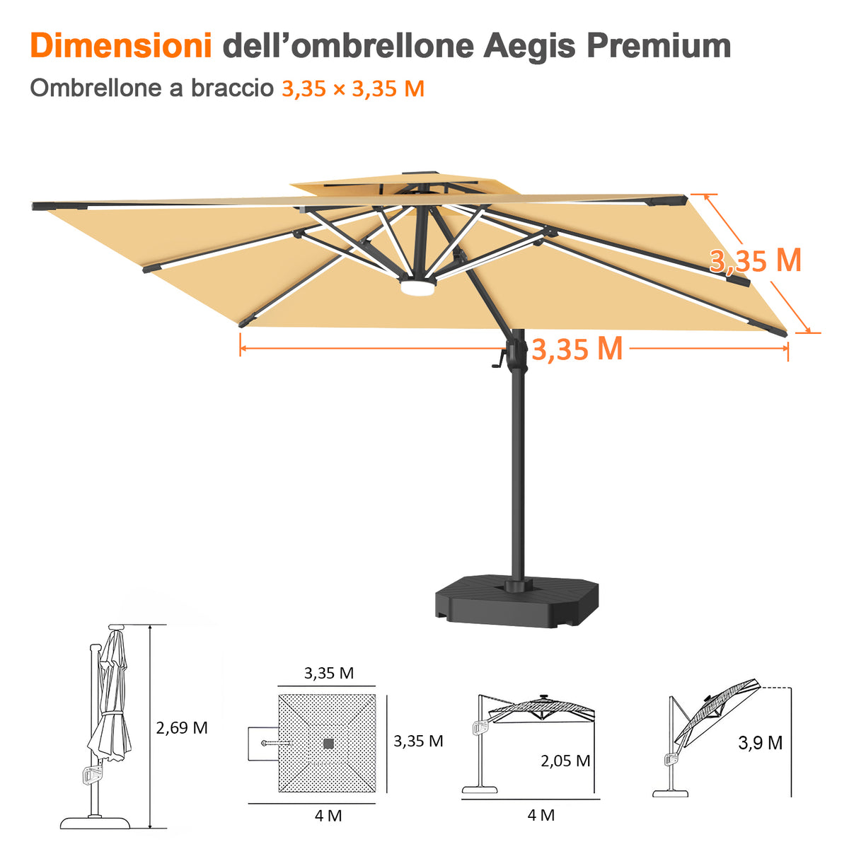 Patioslife Aegis premium – Ombrellone a braccio con luci LED su tutte le stecche, stecche in fibra di vetro e palo in alluminio verniciato