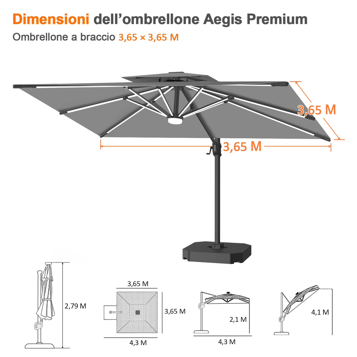 Patioslife Aegis premium – Ombrellone a braccio con luci LED su tutte le stecche, stecche in fibra di vetro e palo in alluminio verniciato