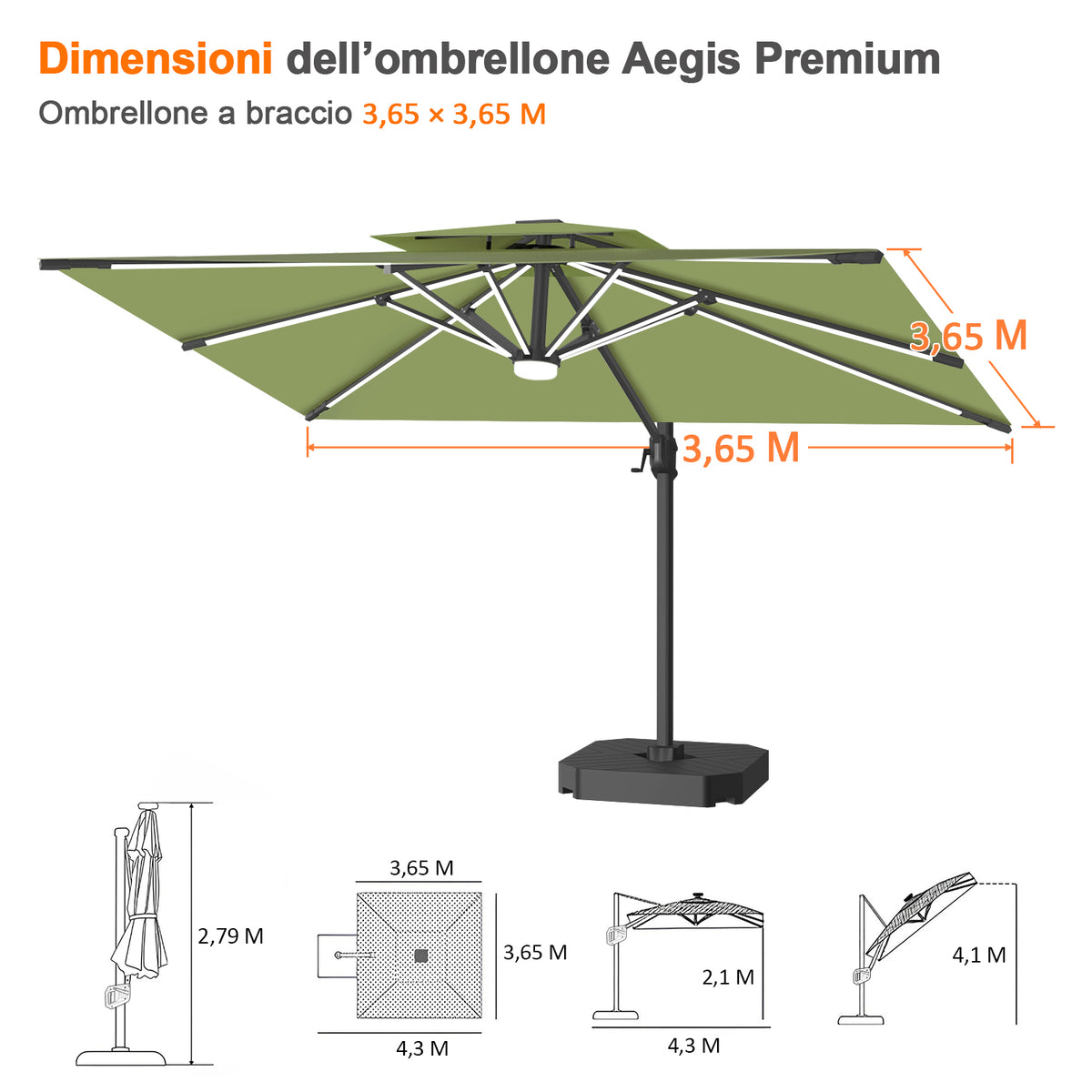 Patioslife Aegis premium – Ombrellone a braccio con luci LED su tutte le stecche, stecche in fibra di vetro e palo in alluminio verniciato
