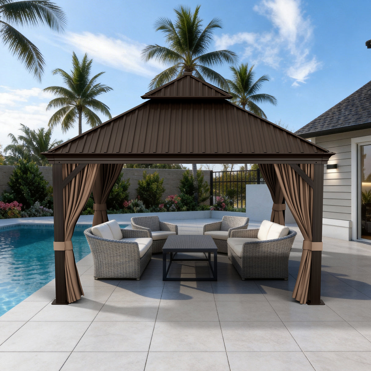 Patioslife Luxury Haven Pergola da Giardino in Alluminio con Tetto Doppio Ventilato, Colonne 120×120 mm, Grondaie e Tende – Ideale per Cortile e Giardino