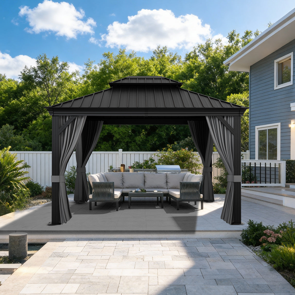 Patioslife Luxury Haven Pergola da Giardino in Alluminio con Tetto Doppio Ventilato, Colonne 120×120 mm, Grondaie e Tende – Ideale per Cortile e Giardino