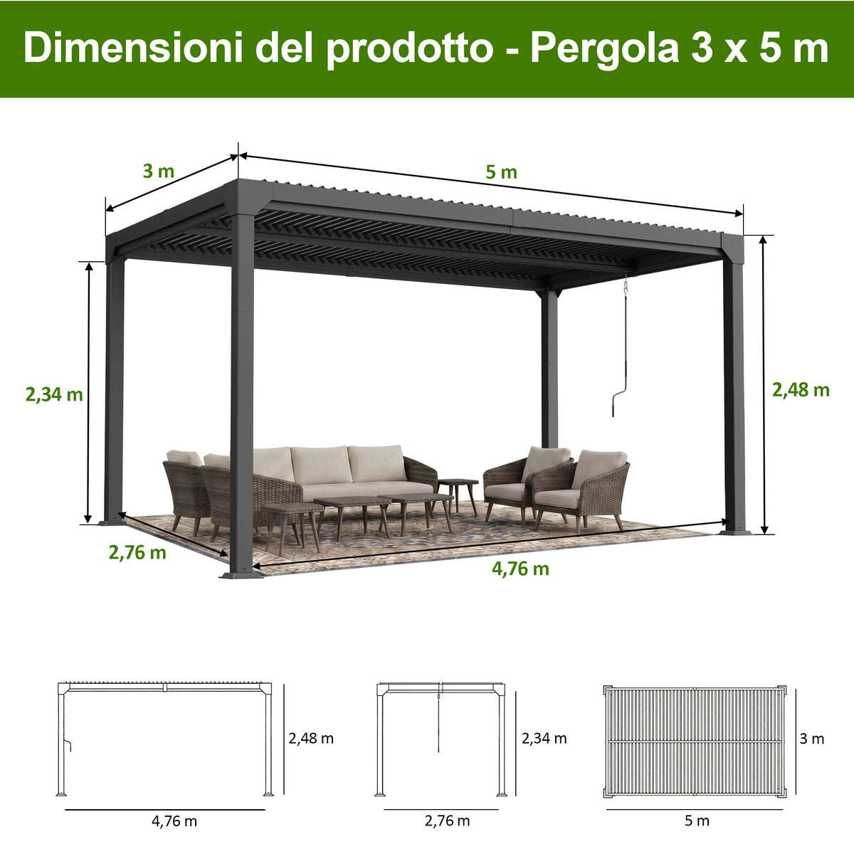 Patioslife Atlantic – Pergola bioclimatica autoportante in alluminio con tetto a lamelle orientabili, ideale per giardino, terrazza e piscina
