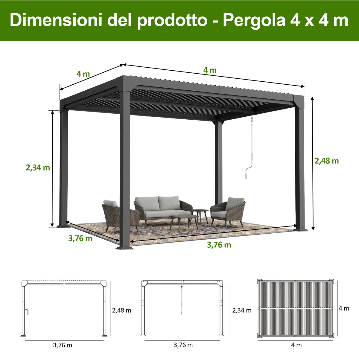 Patioslife Atlantic – Pergola bioclimatica autoportante in alluminio con tetto a lamelle orientabili, ideale per giardino, terrazza e piscina
