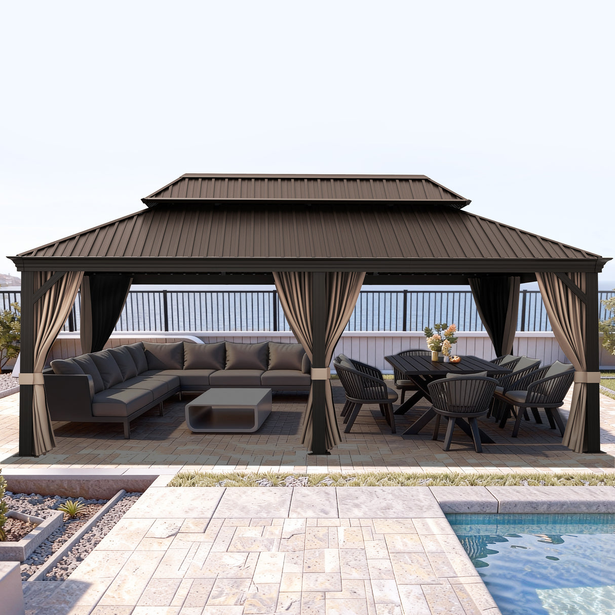 Patioslife Luxury Haven Pergola da Giardino in Alluminio con Tetto Doppio Ventilato, Colonne 120×120 mm, Grondaie e Tende – Ideale per Cortile e Giardino