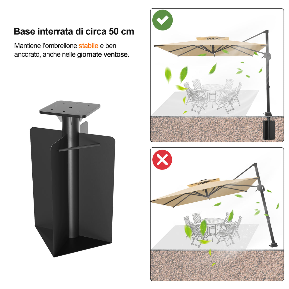 Patioslife Aegis Base Ombrellone a Braccio Interrata ad Alta Resistenza – Acciaio con Doppia Verniciatura Profondità 61cm – Massima Stabilità Anti-Vento per Giardino, Terrazza e Cemento