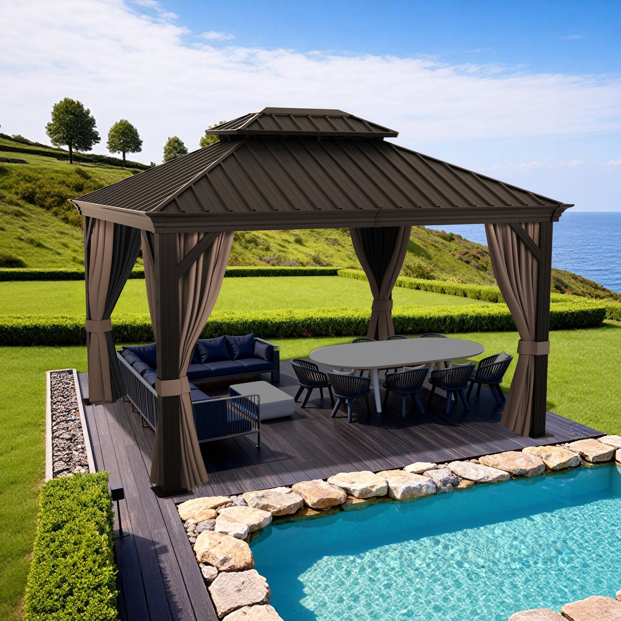 Patioslife Luxury Haven Pergola da Giardino in Alluminio con Tetto Doppio Ventilato, Colonne 120×120 mm, Grondaie e Tende – Ideale per Cortile e Giardino