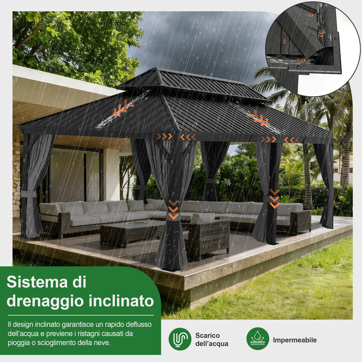 Patioslife Luxury Haven Pergola da Giardino in Alluminio con Tetto Doppio Ventilato, Colonne 120×120 mm, Grondaie e Tende – Ideale per Cortile e Giardino