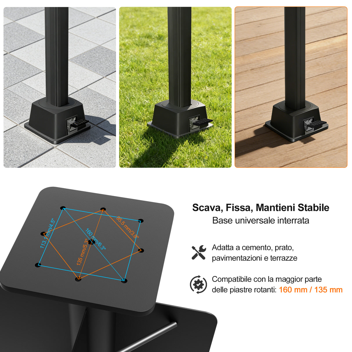 Patioslife Aegis Base Ombrellone a Braccio Interrata ad Alta Resistenza – Acciaio con Doppia Verniciatura Profondità 61cm – Massima Stabilità Anti-Vento per Giardino, Terrazza e Cemento