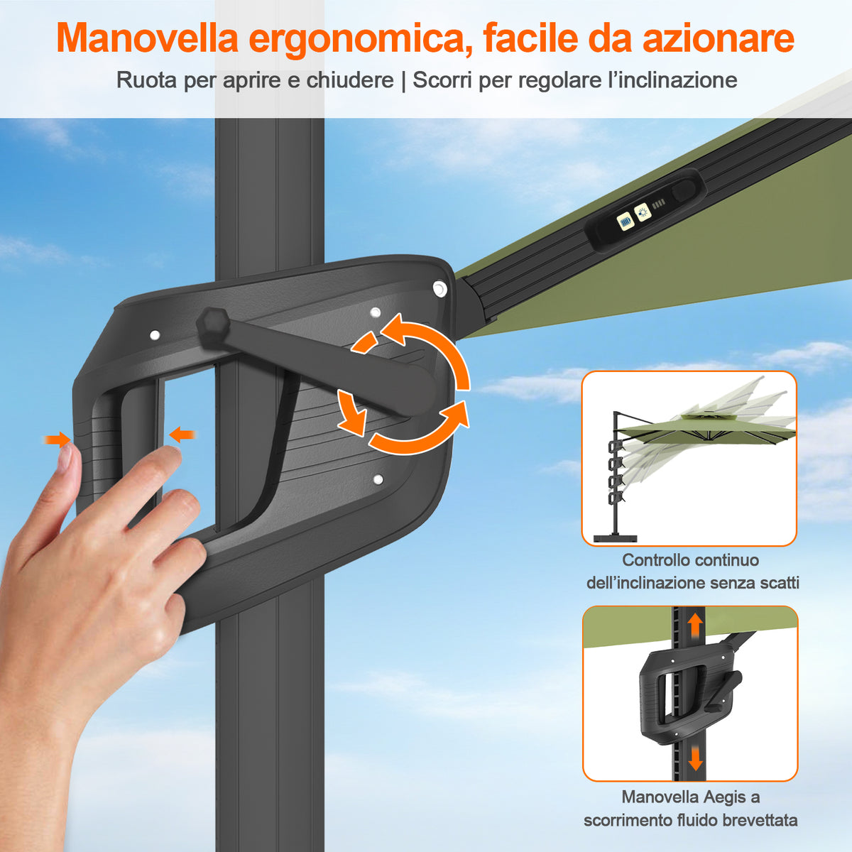 Patioslife Aegis premium – Ombrellone a braccio con luci LED su tutte le stecche, stecche in fibra di vetro e palo in alluminio verniciato