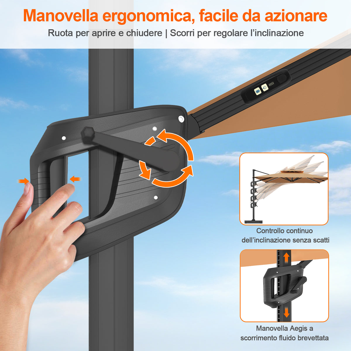 Patioslife Aegis premium – Ombrellone a braccio con luci LED su tutte le stecche, stecche in fibra di vetro e palo in alluminio verniciato