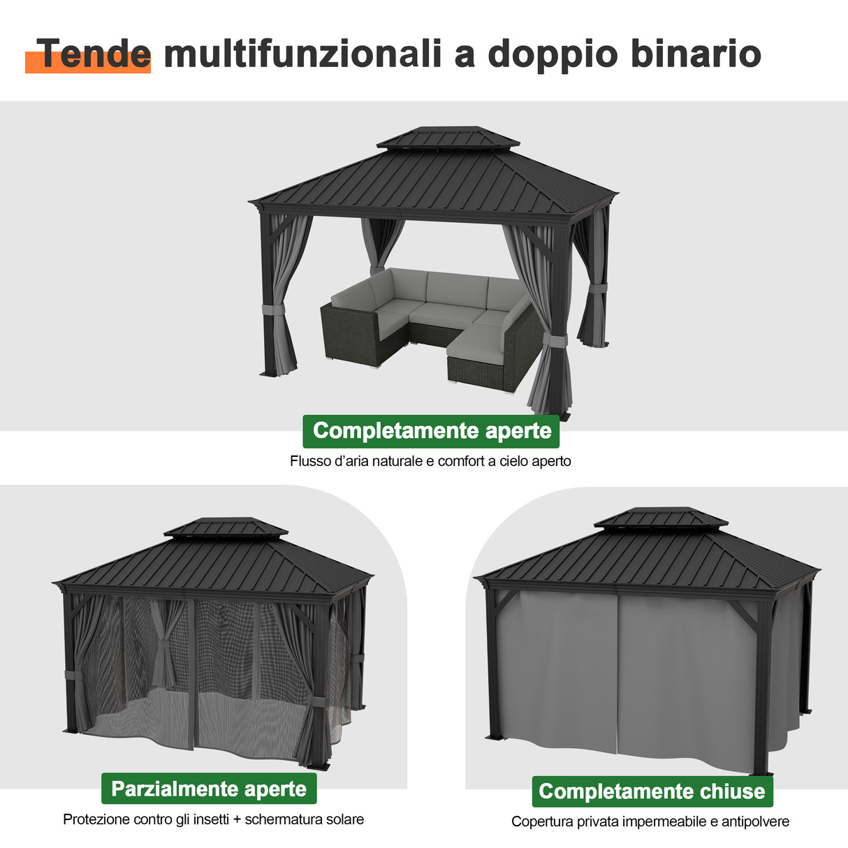 Patioslife Luxury Haven Pergola da Giardino in Alluminio con Tetto Doppio Ventilato, Colonne 120×120 mm, Grondaie e Tende – Ideale per Cortile e Giardino
