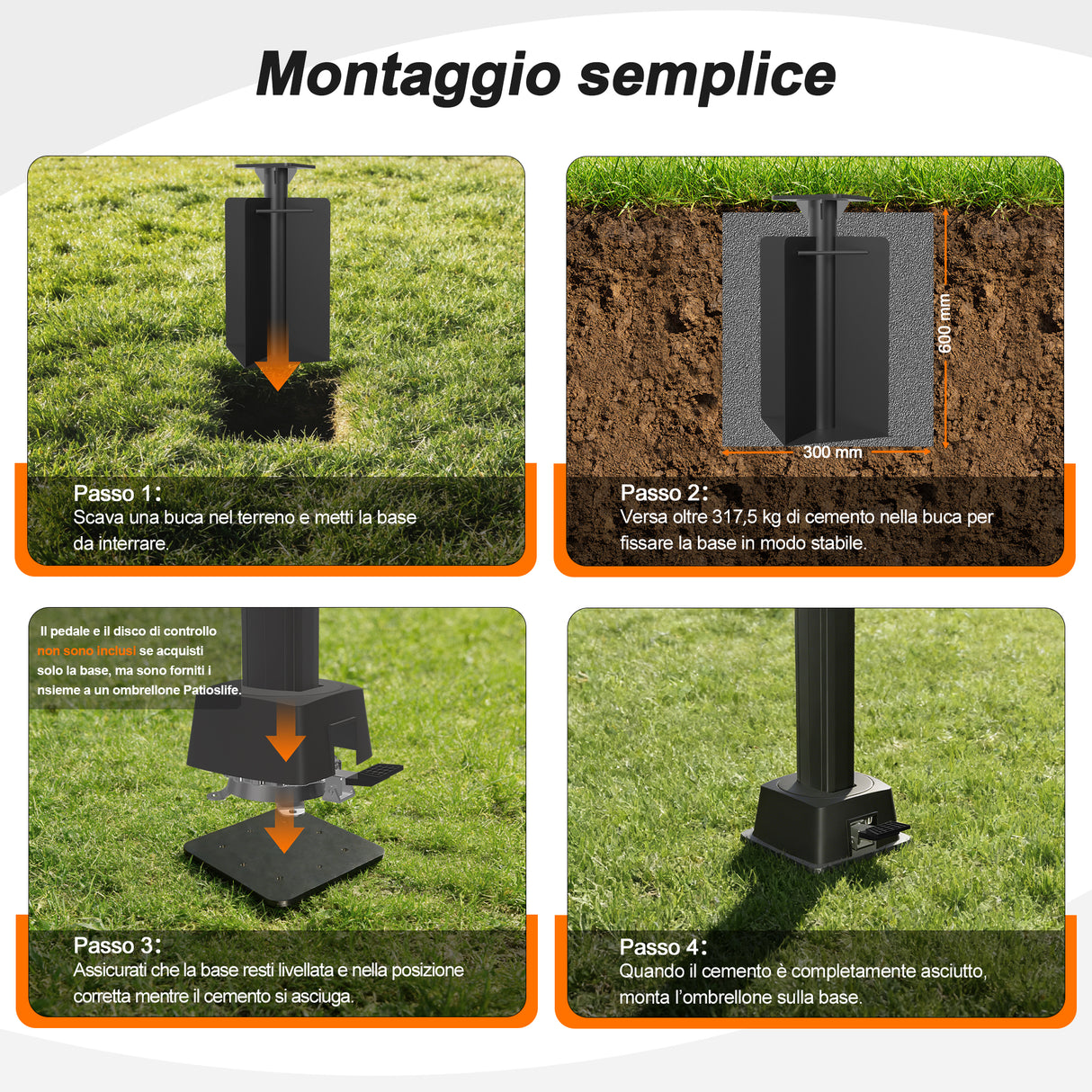 Patioslife Aegis Base Ombrellone a Braccio Interrata ad Alta Resistenza – Acciaio con Doppia Verniciatura Profondità 61cm – Massima Stabilità Anti-Vento per Giardino, Terrazza e Cemento