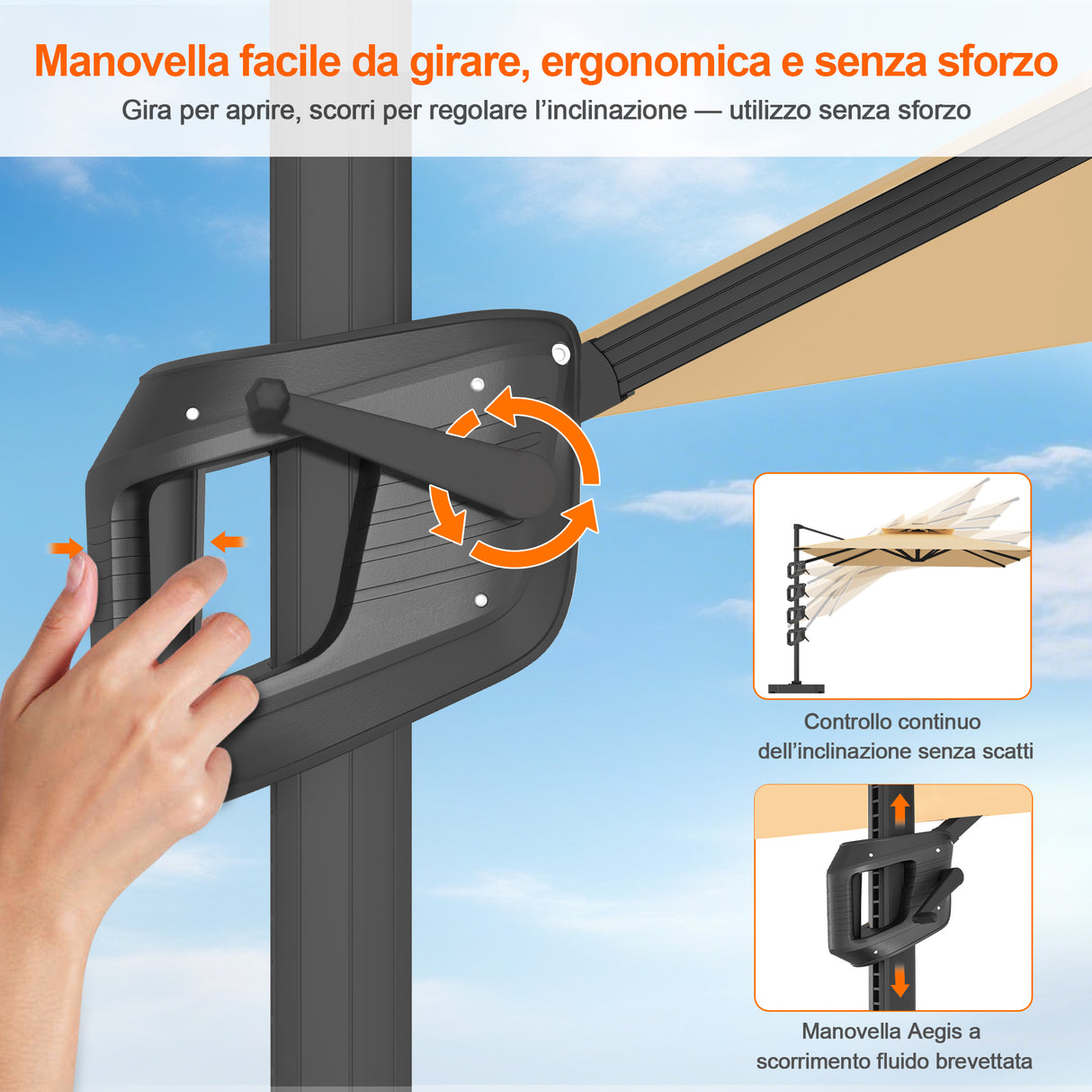 Patioslife Aegis Pro™ Ombrellone a Braccio con Base Incrociata, Struttura Robusta e Palo in Alluminio Verniciato a Polvere – Ombrellone da Giardino e Patio per Esterni