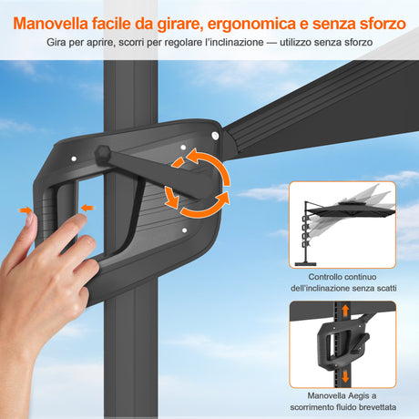 Patioslife Aegis Pro™ Ombrellone a Braccio con Base Incrociata, Struttura Robusta e Palo in Alluminio Verniciato a Polvere – Ombrellone da Giardino e Patio per Esterni