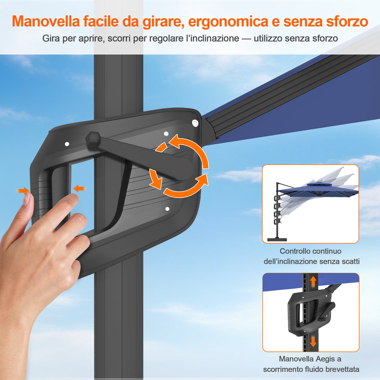 Patioslife Aegis Pro™ Ombrellone a Braccio con Base Incrociata, Struttura Robusta e Palo in Alluminio Verniciato a Polvere – Ombrellone da Giardino e Patio per Esterni