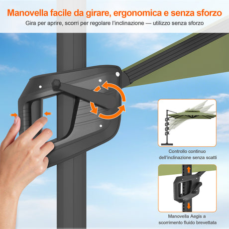 Patioslife Aegis Pro™ Ombrellone a Braccio con Base Incrociata, Struttura Robusta e Palo in Alluminio Verniciato a Polvere – Ombrellone da Giardino e Patio per Esterni