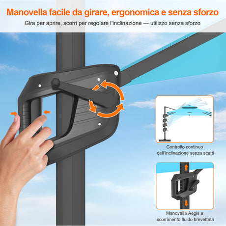 Patioslife Aegis Pro Ombrellone a Braccio con Luci LED, Struttura in Alluminio Rinforzato e Verniciato a Polvere — Ombrellone da Giardino e Patio per Esterni