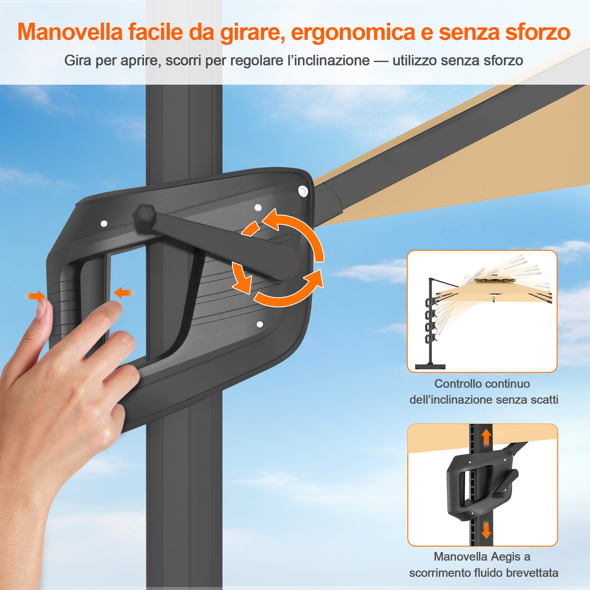 Patioslife Aegis Pro Ombrellone a Braccio con Luci LED, Struttura in Alluminio Rinforzato e Verniciato a Polvere — Ombrellone da Giardino e Patio per Esterni