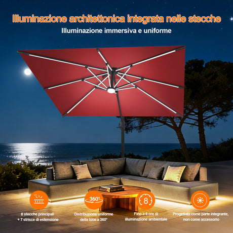 Patioslife Aegis Premium Ombrellone a Braccio con Luci LED a Striscia su Tutte le Stecche, Stecche in Fibra di Vetro, Palo in Alluminio Verniciato a Polvere e Copertura Protettiva – Ombrellone da Giardino e Patio di Lusso per Esterni