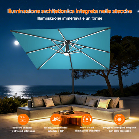 Patioslife Aegis Premium Ombrellone a Braccio con Luci LED a Striscia su Tutte le Stecche, Stecche in Fibra di Vetro, Palo in Alluminio Verniciato a Polvere e Copertura Protettiva – Ombrellone da Giardino e Patio di Lusso per Esterni