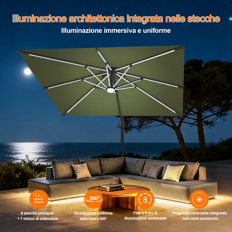 Patioslife Aegis Premium Ombrellone a Braccio con Luci LED a Striscia su Tutte le Stecche, Stecche in Fibra di Vetro, Palo in Alluminio Verniciato a Polvere e Copertura Protettiva – Ombrellone da Giardino e Patio di Lusso per Esterni