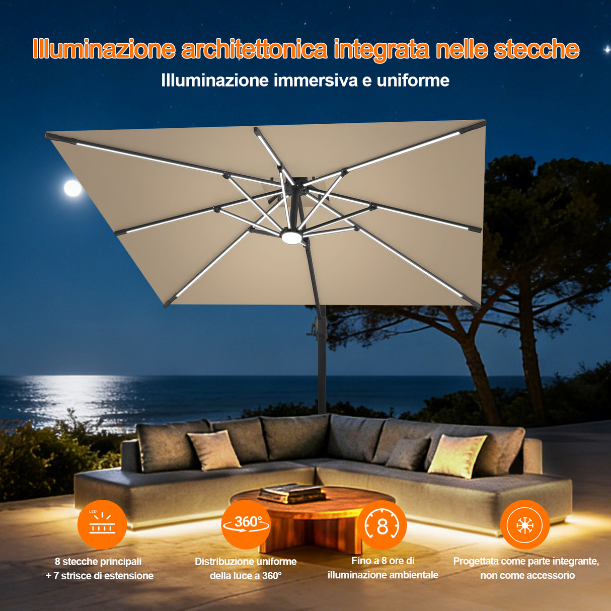 Patioslife Aegis Premium Ombrellone a Braccio con Luci LED a Striscia su Tutte le Stecche, Stecche in Fibra di Vetro, Palo in Alluminio Verniciato a Polvere e Copertura Protettiva – Ombrellone da Giardino e Patio di Lusso per Esterni