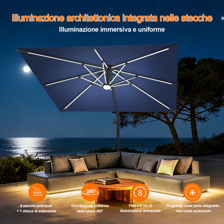Patioslife Aegis Premium Ombrellone a Braccio con Luci LED a Striscia su Tutte le Stecche, Stecche in Fibra di Vetro, Palo in Alluminio Verniciato a Polvere e Copertura Protettiva – Ombrellone da Giardino e Patio di Lusso per Esterni