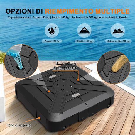 Base con Ruote per Ombrellone 115–200kg, Supporto Esterno Robusto con Pesi Ricaricabili in HDPE per Stabilità su Patio, Giardino e Piscina