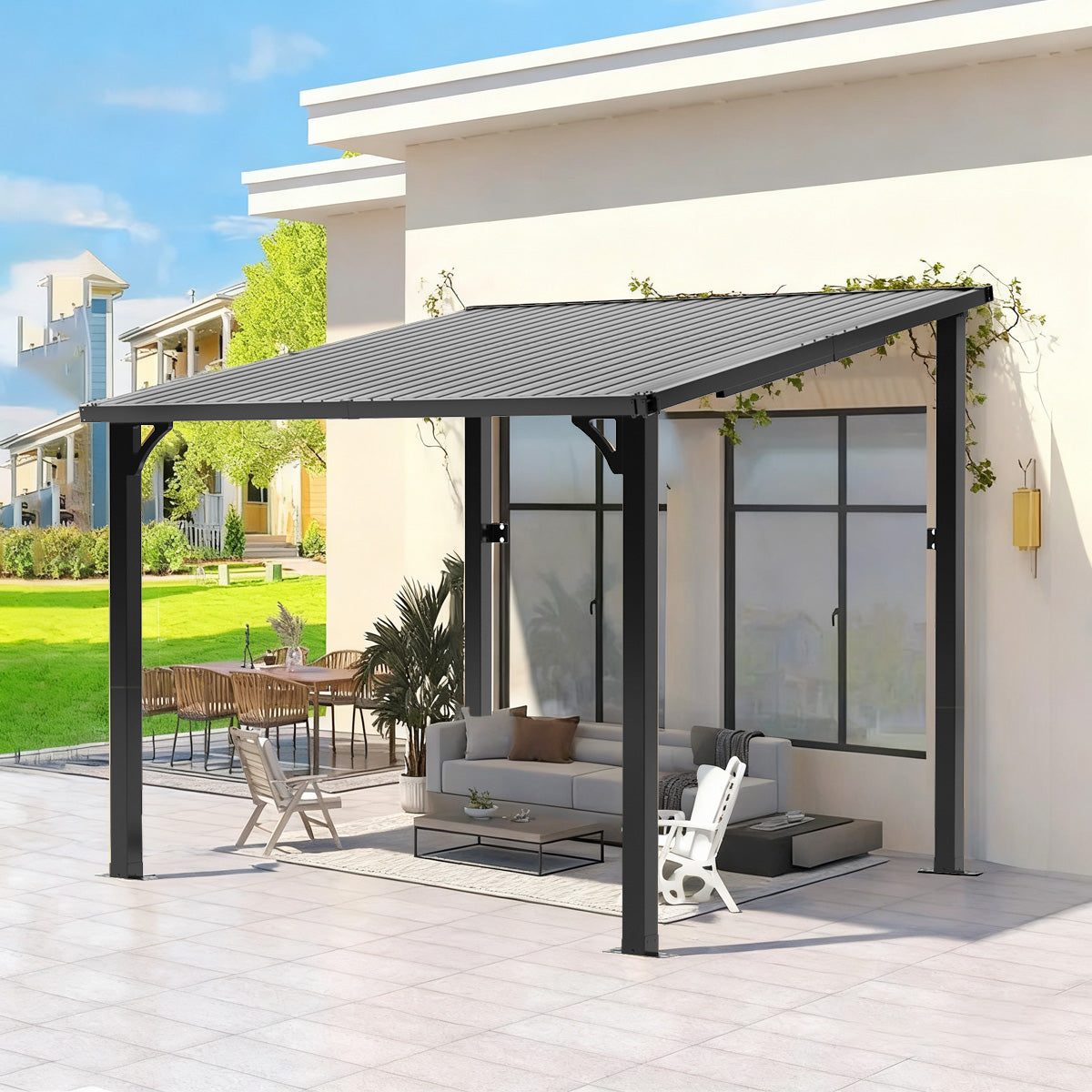 Patioslife Haven Gazebo da Giardino a Tetto Rigido Montato a Parete in Alluminio, Pergola Resistente per Giardino, Cortile o Terrazza, Tetto per Esterni