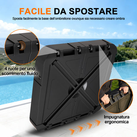 Base con Ruote per Ombrellone 115–200kg, Supporto Esterno Robusto con Pesi Ricaricabili in HDPE per Stabilità su Patio, Giardino e Piscina