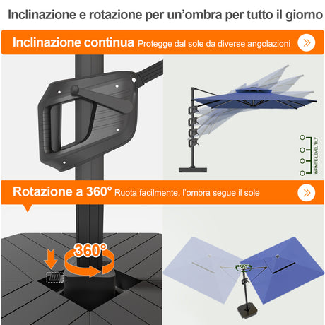 Patioslife Aegis Premium Ombrellone a Braccio con Luci LED a Striscia su Tutte le Stecche, Stecche in Fibra di Vetro, Palo in Alluminio Verniciato a Polvere e Copertura Protettiva – Ombrellone da Giardino e Patio di Lusso per Esterni