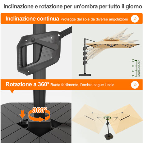 Patioslife Aegis Premium Ombrellone a Braccio con Luci LED a Striscia su Tutte le Stecche, Stecche in Fibra di Vetro, Palo in Alluminio Verniciato a Polvere e Copertura Protettiva – Ombrellone da Giardino e Patio di Lusso per Esterni