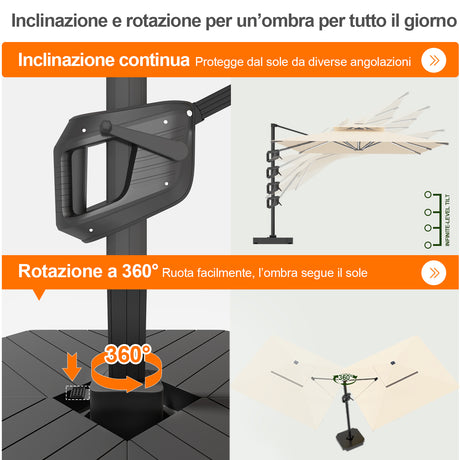 Patioslife Aegis Premium Ombrellone a Braccio con Luci LED a Striscia su Tutte le Stecche, Stecche in Fibra di Vetro, Palo in Alluminio Verniciato a Polvere e Copertura Protettiva – Ombrellone da Giardino e Patio di Lusso per Esterni