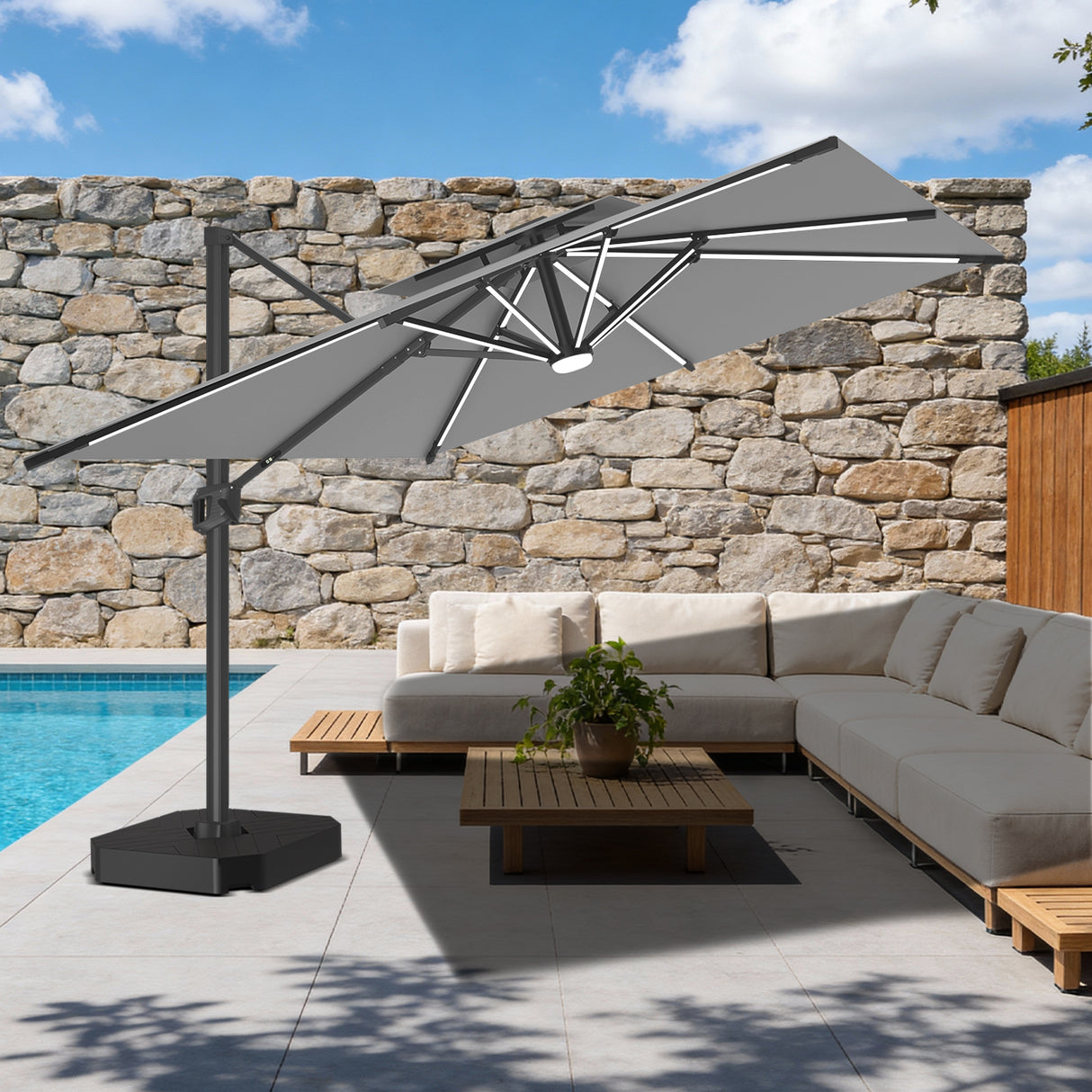 Patioslife Aegis Premium Ombrellone a Braccio con Luci LED a Striscia su Tutte le Stecche, Stecche in Fibra di Vetro, Palo in Alluminio Verniciato a Polvere e Copertura Protettiva – Ombrellone da Giardino e Patio di Lusso per Esterni