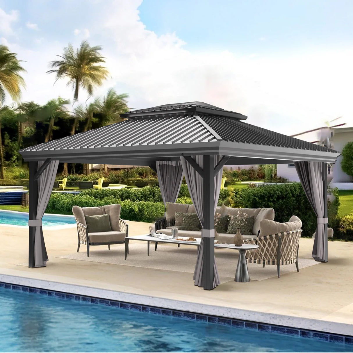 Patioslife Luxury Haven Pergola da Giardino in Alluminio con Tetto Doppio Ventilato, Colonne 120×120 mm, Grondaie e Tende – Ideale per Cortile e Giardino