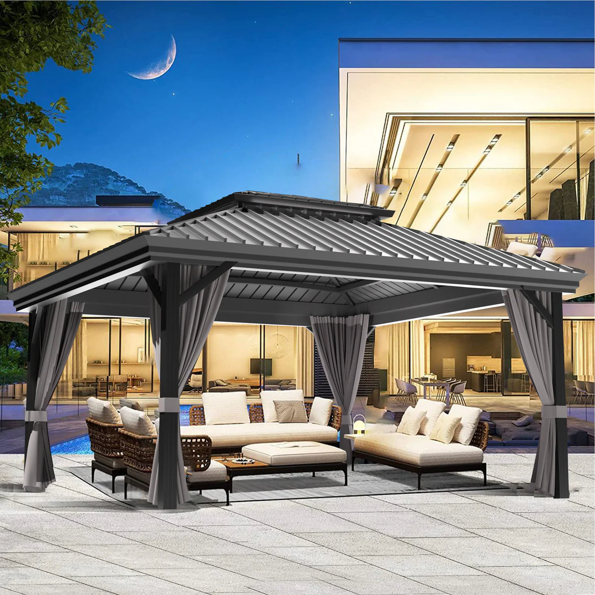 Patioslife Luxury Haven Pergola da Giardino in Alluminio con Tetto Doppio Ventilato, Colonne 120×120 mm, Grondaie e Tende – Ideale per Cortile e Giardino