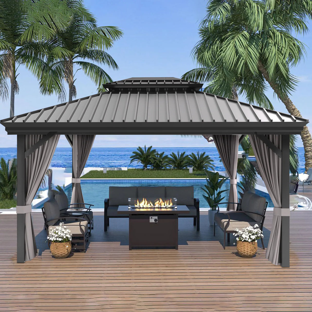 Patioslife Luxury Haven Pergola da Giardino in Alluminio con Tetto Doppio Ventilato, Colonne 120×120 mm, Grondaie e Tende – Ideale per Cortile e Giardino
