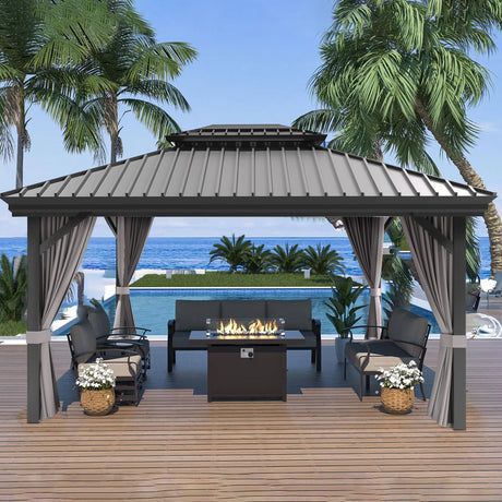 Patioslife Luxury Haven Pergola da Giardino in Alluminio con Tetto Doppio Ventilato, Colonne 120×120 mm, Grondaie e Tende – Ideale per Cortile e Giardino