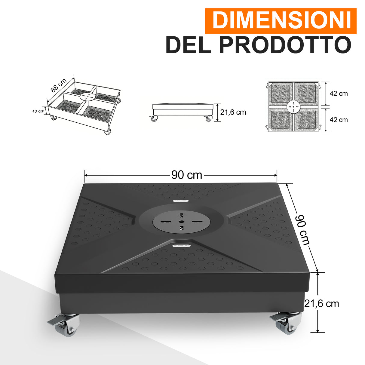 Patioslife - Base per Ombrellone a Braccio fino a 400kg | Supporto Carrellato Modulare con Ruote e Freno, Compatibile serie Aegis e Ombrelloni a Sbalzo