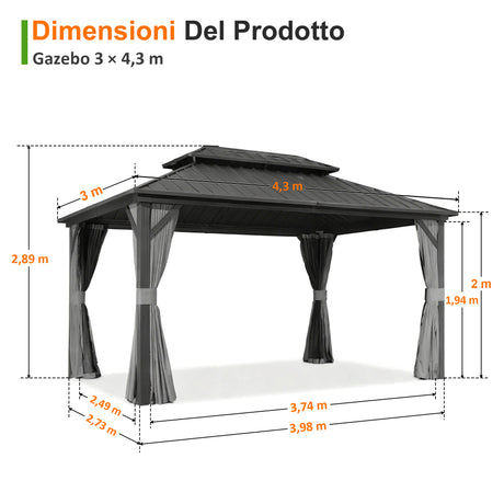 Patioslife Luxury Haven Gazebo da Giardino in Alluminio con Tetto Doppio Ventilato, Grondaie per il Draining, Colonne da 120×120 mm e Tende – Gazebo da Esterno Popolare per Cortile e Giardino