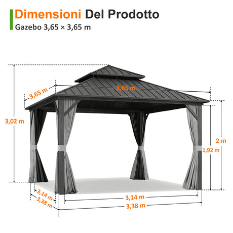 Patioslife Luxury Haven Gazebo da Giardino in Alluminio con Tetto Doppio Ventilato, Grondaie per il Draining, Colonne da 120×120 mm e Tende – Gazebo da Esterno Popolare per Cortile e Giardino