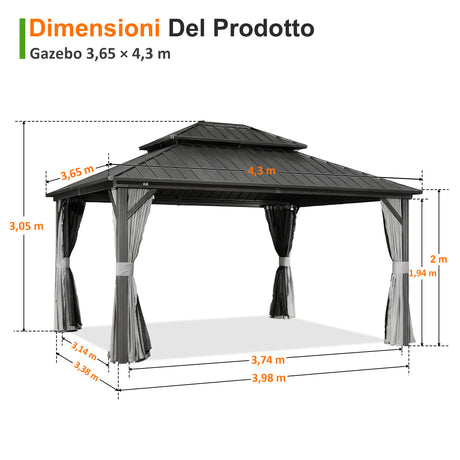 Patioslife Luxury Haven Gazebo da Giardino in Alluminio con Tetto Doppio Ventilato, Grondaie per il Draining, Colonne da 120×120 mm e Tende – Gazebo da Esterno Popolare per Cortile e Giardino