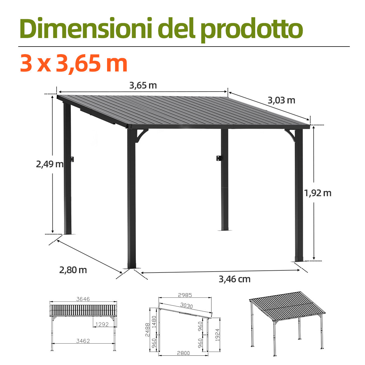Patioslife Haven Gazebo da Giardino a Tetto Rigido Montato a Parete in Alluminio, Pergola Resistente per Giardino, Cortile o Terrazza, Tetto per Esterni