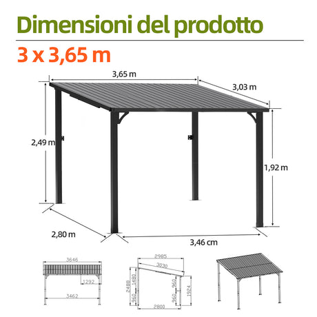Patioslife Haven Gazebo da Giardino a Tetto Rigido Montato a Parete in Alluminio, Pergola Resistente per Giardino, Cortile o Terrazza, Tetto per Esterni