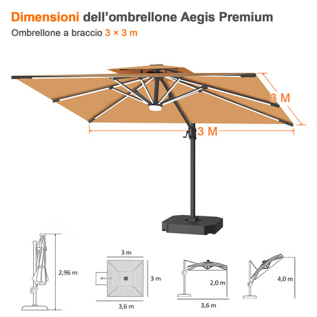Patioslife Aegis Premium Ombrellone a Braccio con Luci LED a Striscia su Tutte le Stecche, Stecche in Fibra di Vetro, Palo in Alluminio Verniciato a Polvere e Copertura Protettiva – Ombrellone da Giardino e Patio di Lusso per Esterni